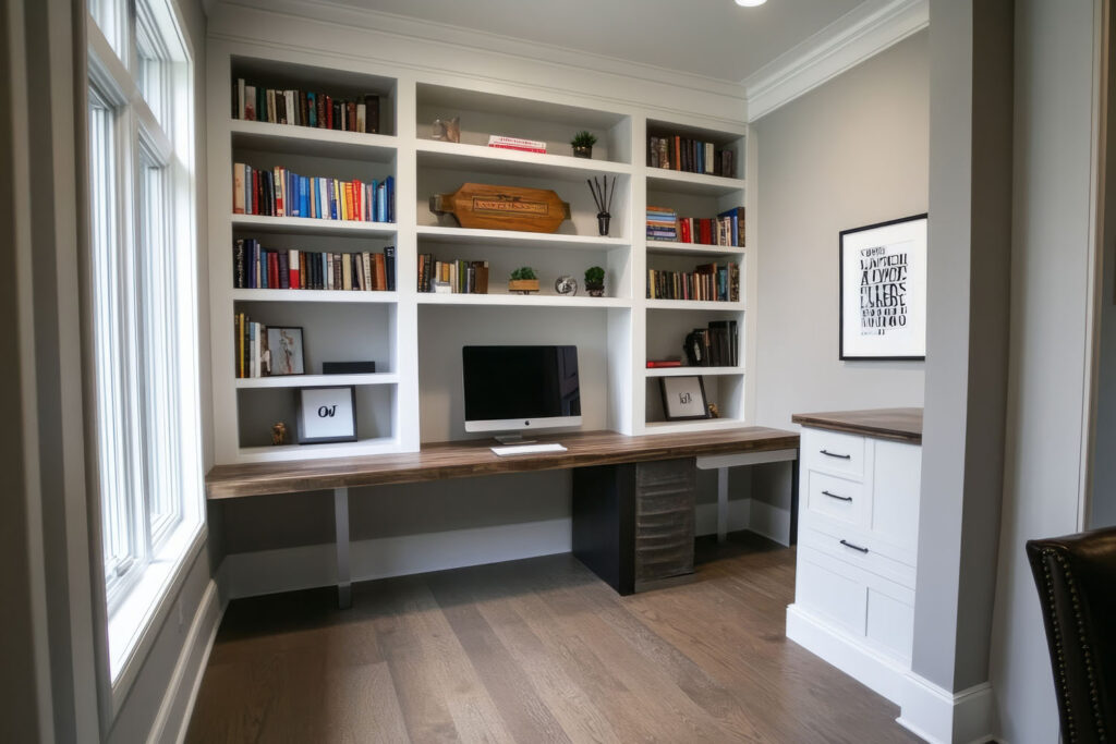 A contemporary home office featuring a minimalist bookshelf with open shelves, showcasing a clean and organized workspace with a touch of elegance.